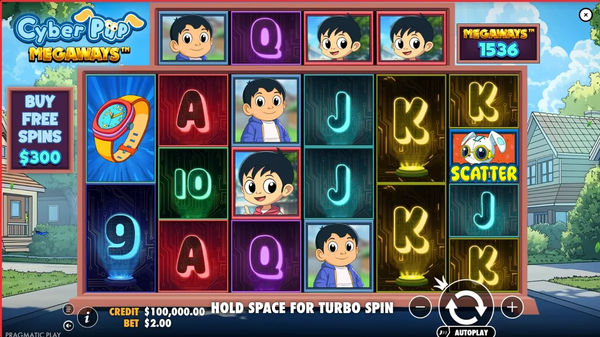 Tampilan antarmuka game slot Cyber Pup Megaways pada layar ponsel pintar