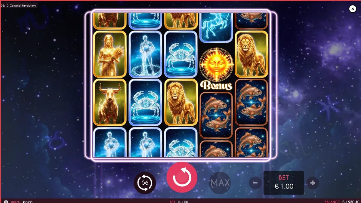 Tampilan visual slot Celestial Revolutions dengan latar belakang rasi bintang dan simbol zodiak.